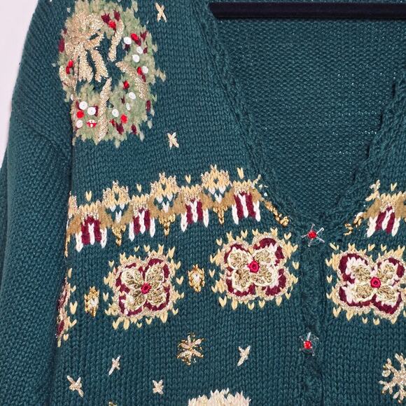 Vintage Holiday Cardigan Cute Sweater Embroidered Dark Green Women's Size Large - Picture 3 of 9